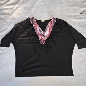 Live and Let Live Black Blouse with Red and White Scarf Detail
